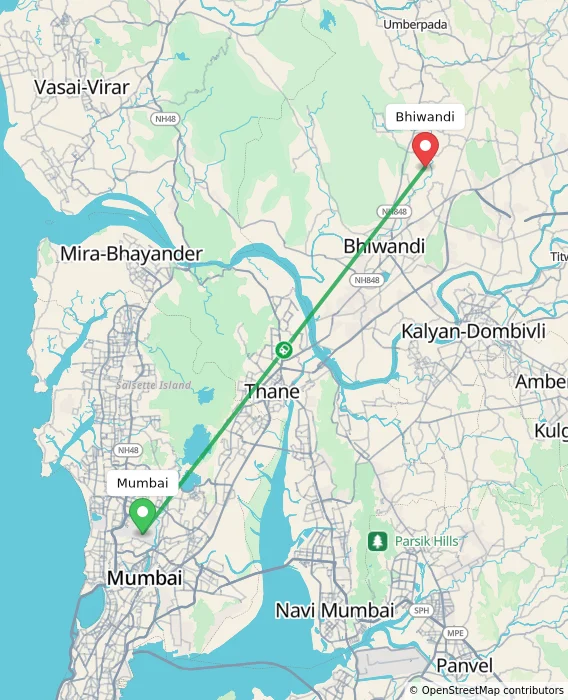 Route map showing distance and travel time from Mumbai, India to Bhiwandi, India