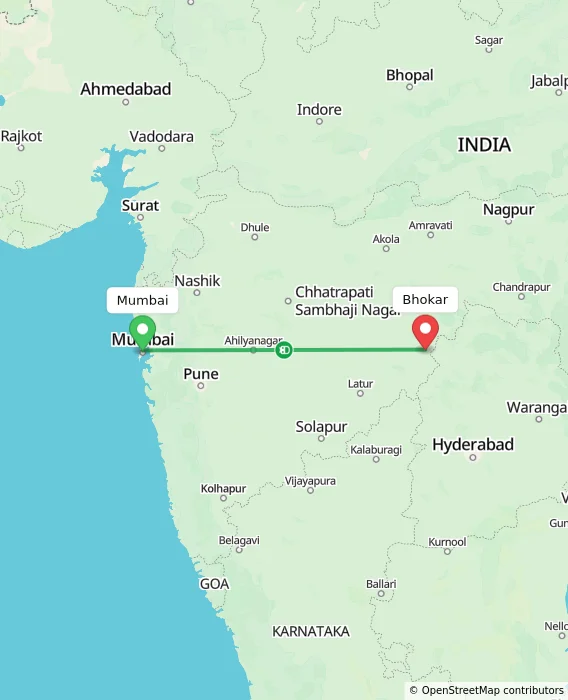 Route map showing distance and travel time from Mumbai, India to Bhokar, India