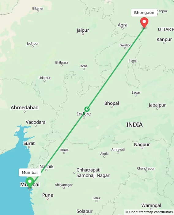 Route map showing distance and travel time from Mumbai, India to Bhongaon, India