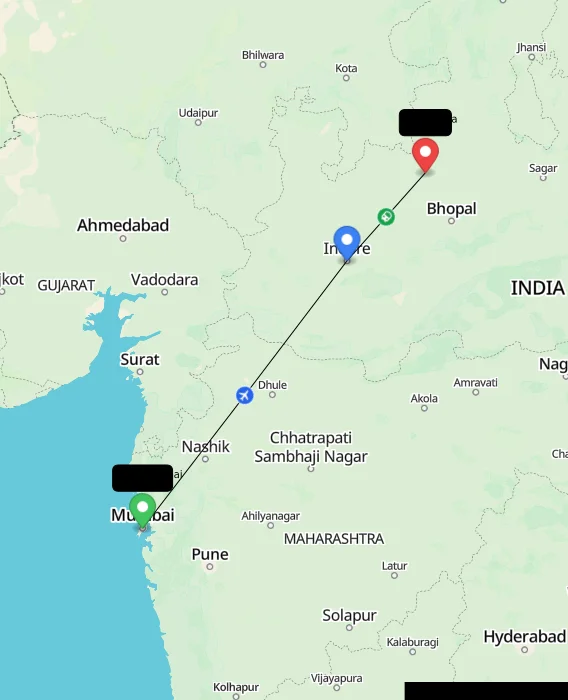 Route map showing distance and travel time from Mumbai, India to Biaora, India