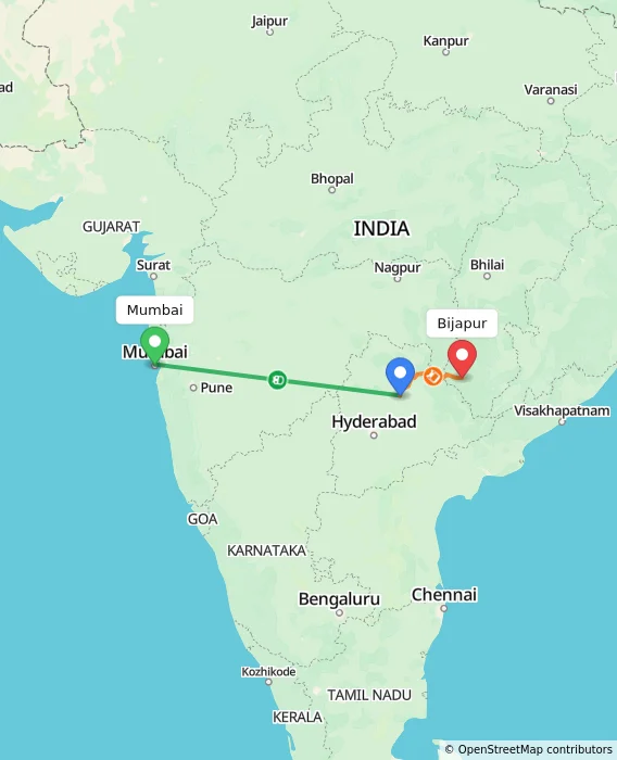Route map showing distance and travel time from Mumbai, India to Bijapur, India