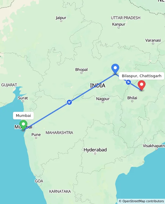 Route map showing distance and travel time from Mumbai, India to Bilaspur, Chattisgarh, India