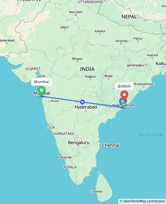 Route map showing distance and travel time from Mumbai, India to Bobbili, India