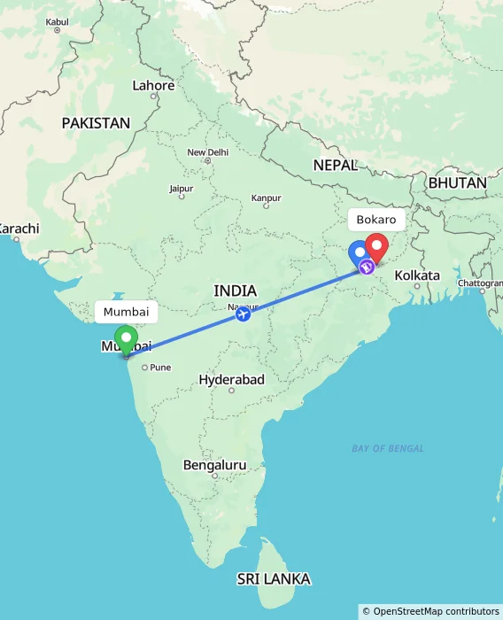 Route map showing distance and travel time from Mumbai, India to Bokaro, India