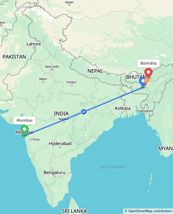 Route map showing distance and travel time from Mumbai, India to Bomdila, India