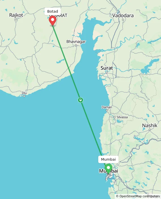 Route map showing distance and travel time from Mumbai, India to Botad, India