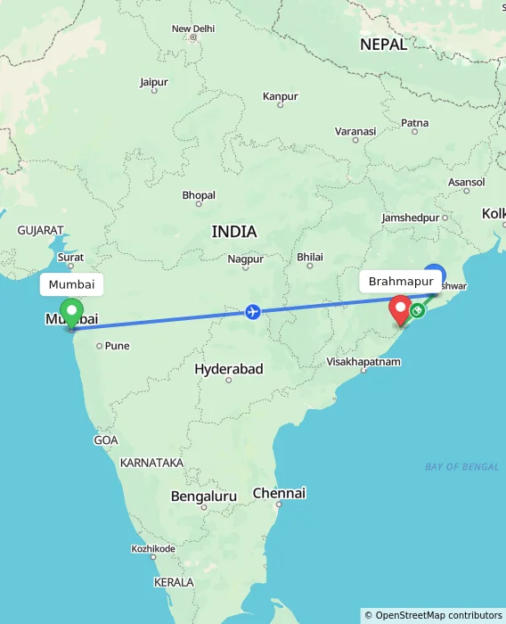Route map showing distance and travel time from Mumbai, India to Brahmapur, India