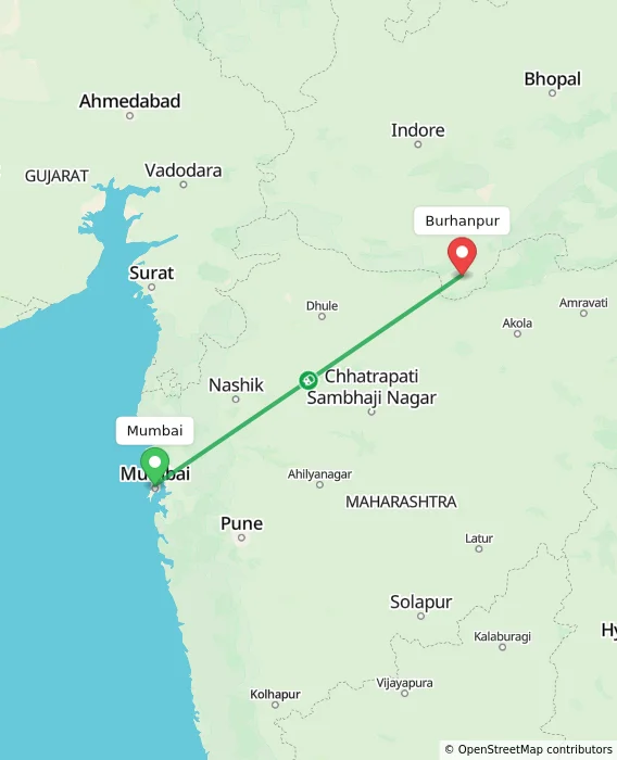 Route map showing distance and travel time from Mumbai, India to Burhanpur, India