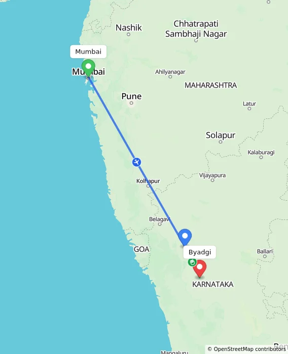 Route map showing distance and travel time from Mumbai, India to Byadgi, India