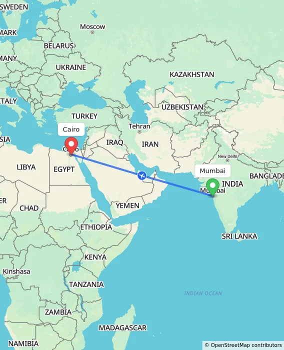 Route map showing distance and travel time from Mumbai, India to Cairo, Egypt