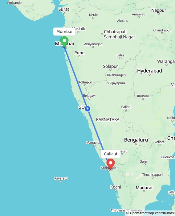 Route map showing distance and travel time from Mumbai, India to Calicut, India