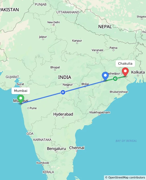 Route map showing distance and travel time from Mumbai, India to Chakulia, India