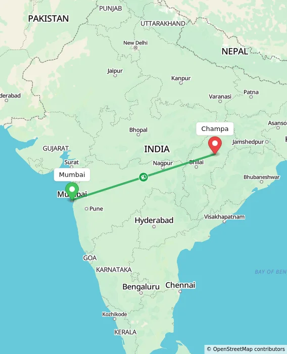 Route map showing distance and travel time from Mumbai, India to Champa, India