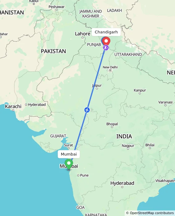 Route map showing distance and travel time from Mumbai, India to Chandigarh, India