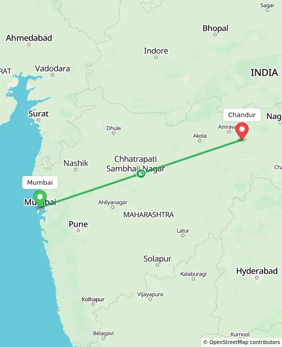 Route map showing distance and travel time from Mumbai, India to Chandur, India
