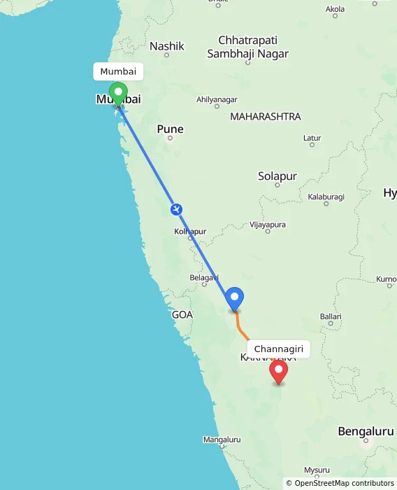 Route map showing distance and travel time from Mumbai, India to Channagiri, India