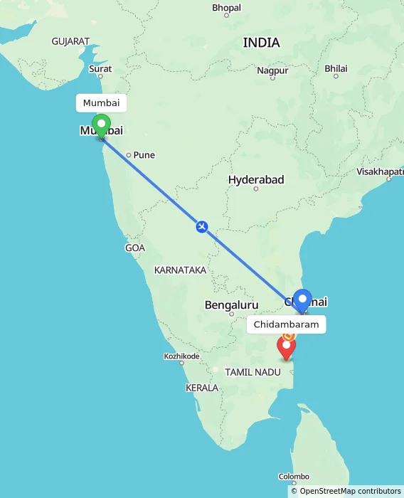 Route map showing distance and travel time from Mumbai, India to Chidambaram, India