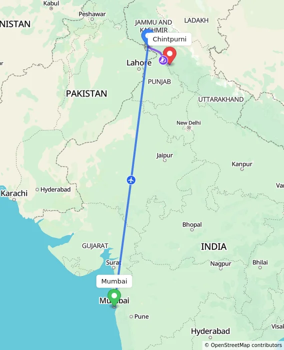 Route map showing distance and travel time from Mumbai, India to Chintpurni, India