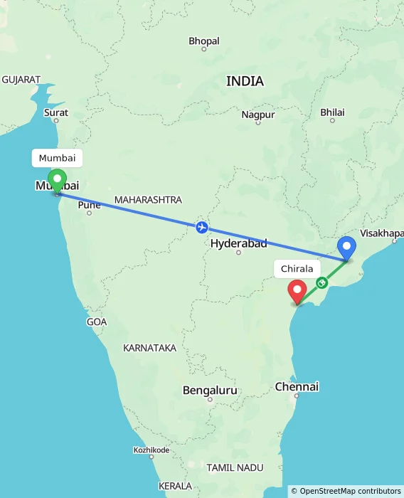 Route map showing distance and travel time from Mumbai, India to Chirala, India