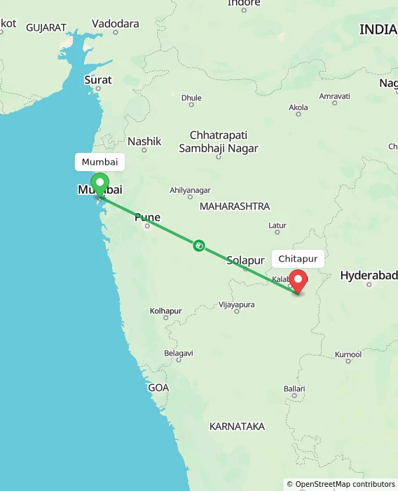 Route map showing distance and travel time from Mumbai, India to Chitapur, India