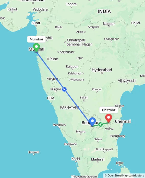 Route map showing distance and travel time from Mumbai, India to Chittoor, India