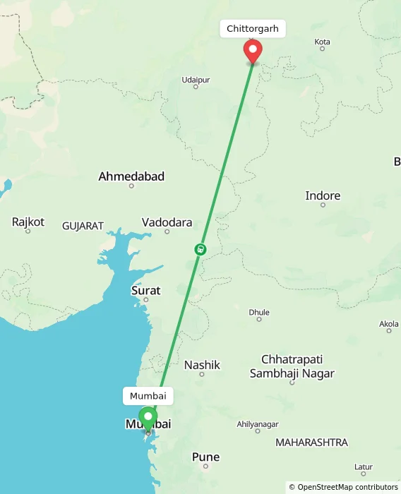 Route map showing distance and travel time from Mumbai, India to Chittorgarh, India