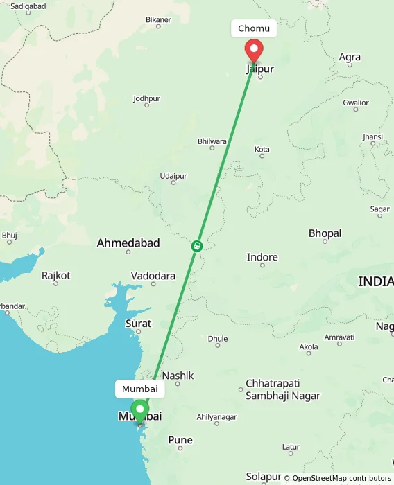 Route map showing distance and travel time from Mumbai, India to Chomu, India