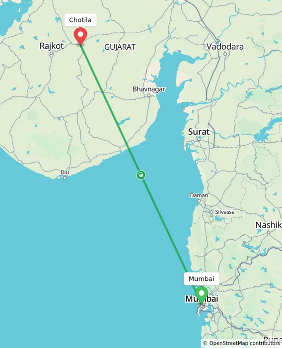 Route map showing distance and travel time from Mumbai, India to Chotila, India