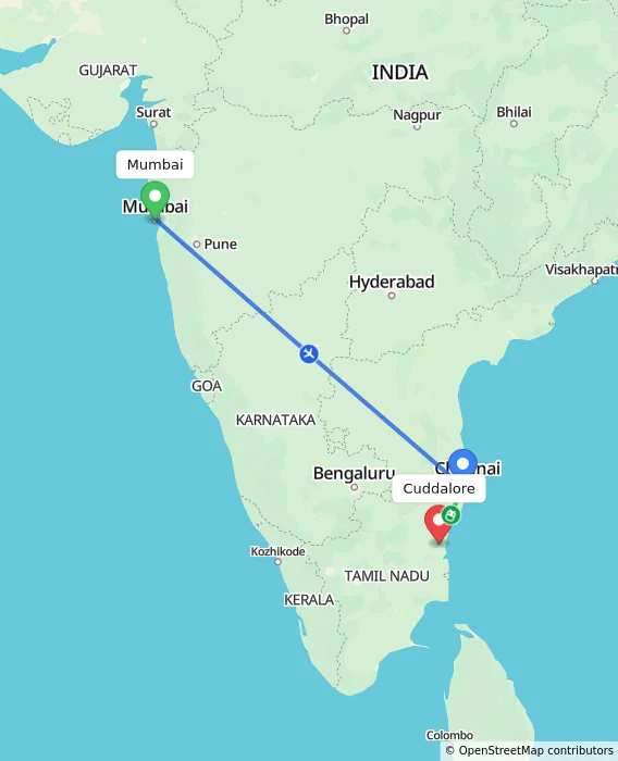 Route map showing distance and travel time from Mumbai, India to Cuddalore, India