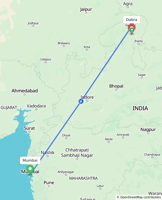 Route map showing distance and travel time from Mumbai, India to Dabra, India