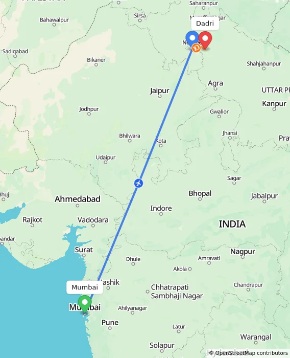Route map showing distance and travel time from Mumbai, India to Dadri, India