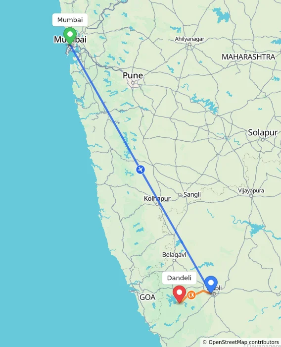 Route map showing distance and travel time from Mumbai, India to Dandeli, India