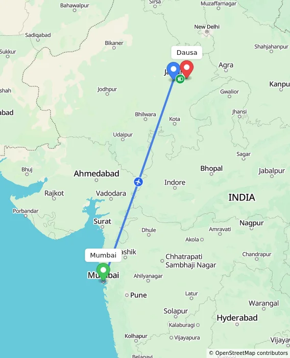 Route map showing distance and travel time from Mumbai, India to Dausa, India