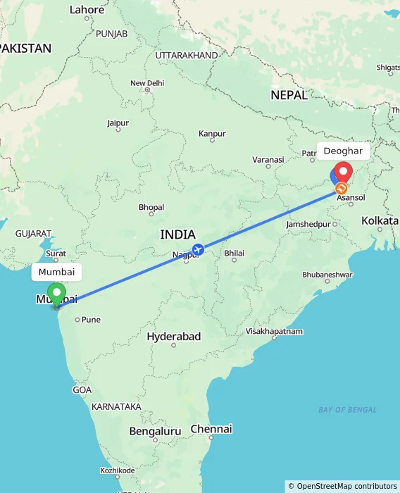 Route map showing distance and travel time from Mumbai, India to Deoghar, India