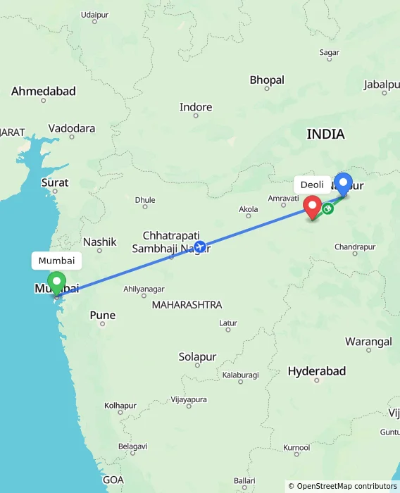 Route map showing distance and travel time from Mumbai, India to Deoli, India