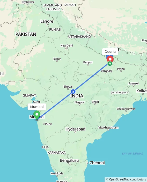 Route map showing distance and travel time from Mumbai, India to Deoria, India