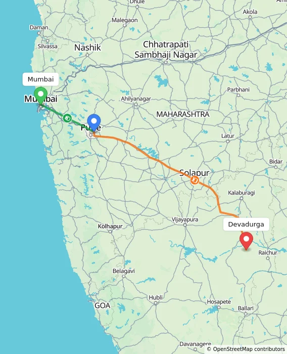 Route map showing distance and travel time from Mumbai, India to Devadurga, India