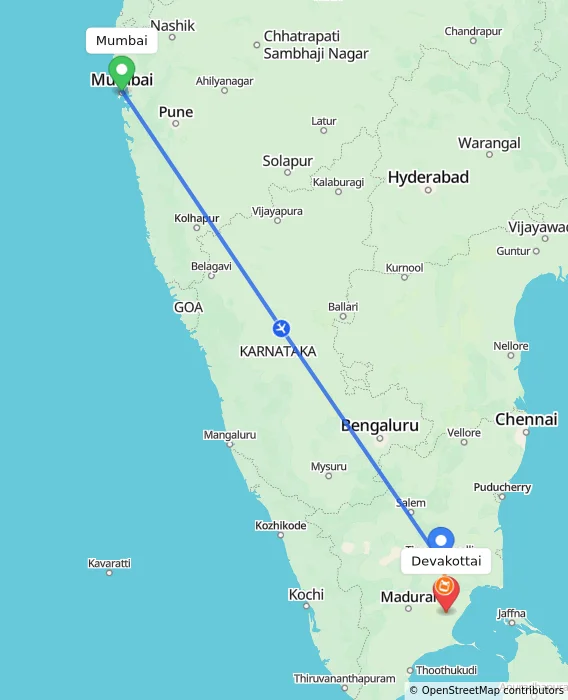 Route map showing distance and travel time from Mumbai, India to Devakottai, India