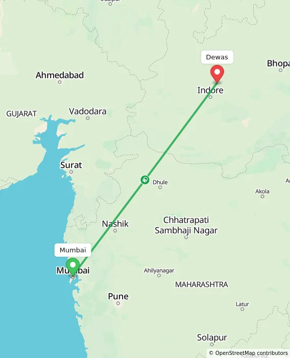 Route map showing distance and travel time from Mumbai, India to Dewas, India