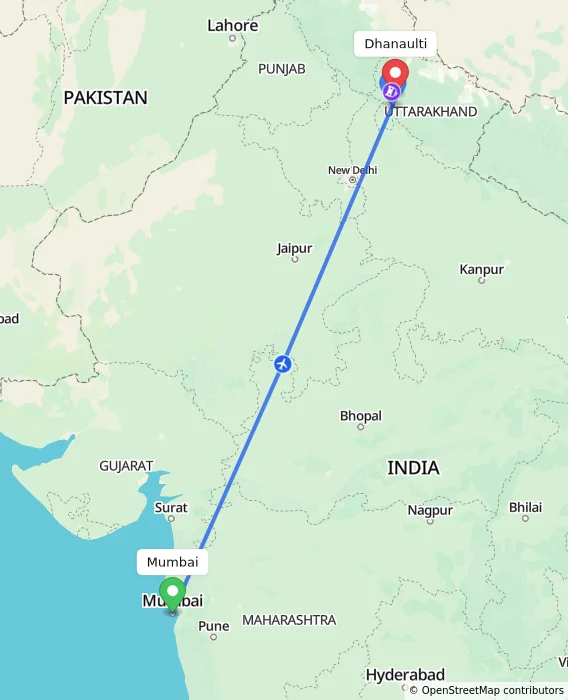 Route map showing distance and travel time from Mumbai, India to Dhanaulti, India