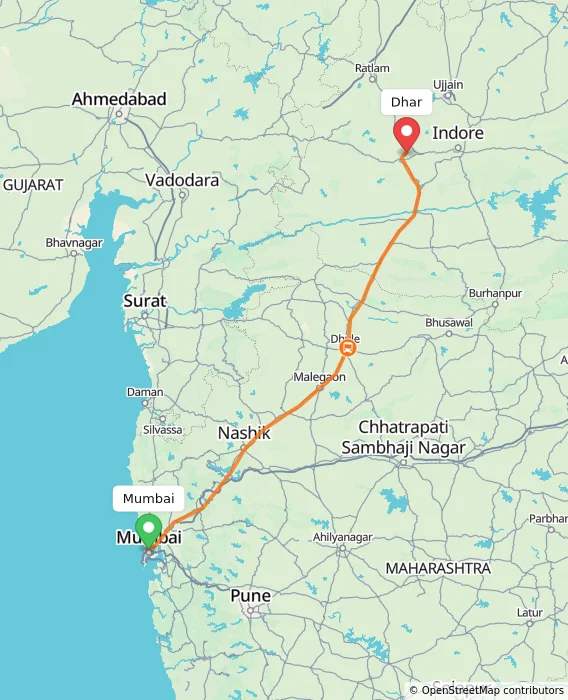 Route map showing distance and travel time from Mumbai, India to Dhar, India