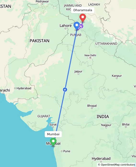 Route map showing distance and travel time from Mumbai, India to Dharamsala, India