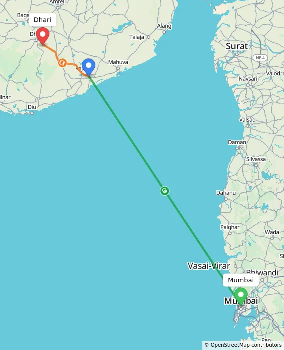 Route map showing distance and travel time from Mumbai, India to Dhari, India