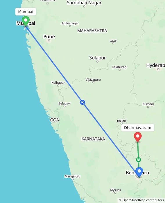 Route map showing distance and travel time from Mumbai, India to Dharmavaram, India
