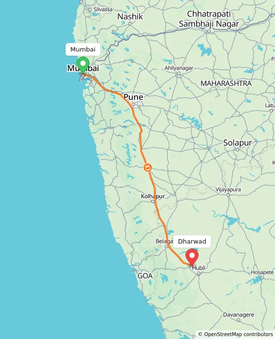Route map showing distance and travel time from Mumbai, India to Dharwad, India