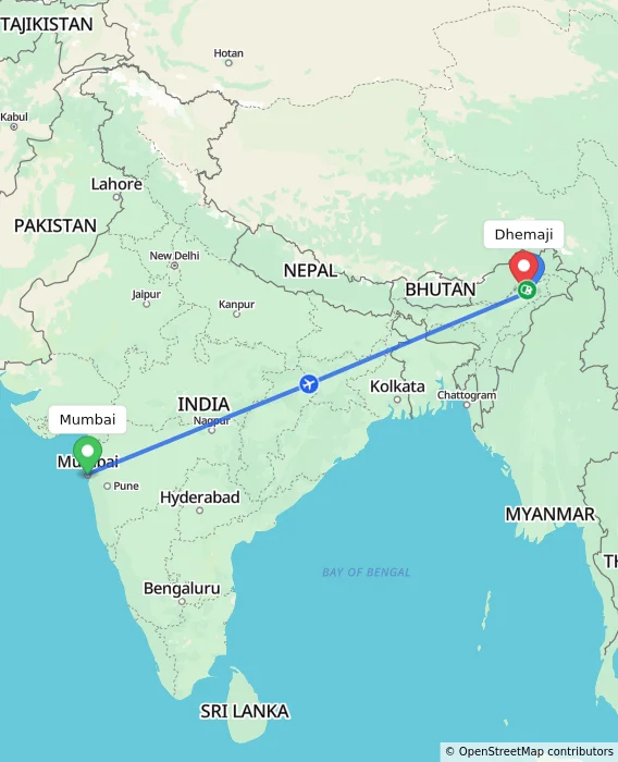 Route map showing distance and travel time from Mumbai, India to Dhemaji, India