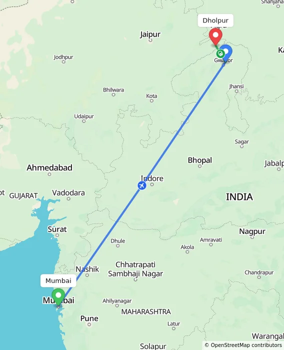 Route map showing distance and travel time from Mumbai, India to Dholpur, India