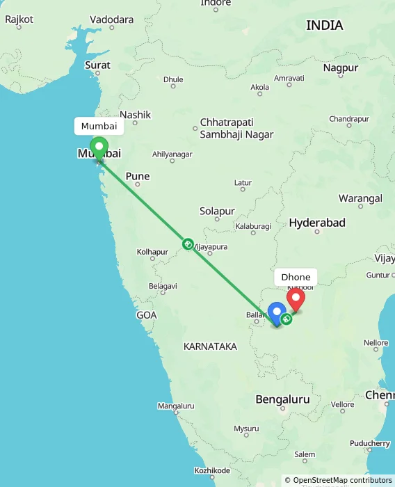Route map showing distance and travel time from Mumbai, India to Dhone, India