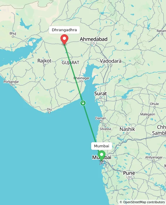 Route map showing distance and travel time from Mumbai, India to Dhrangadhra, India