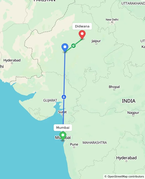 Route map showing distance and travel time from Mumbai, India to Didwana, India
